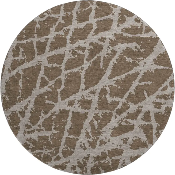 8' Brown And Ivory Abstract Washable Round Rug With UV Protection