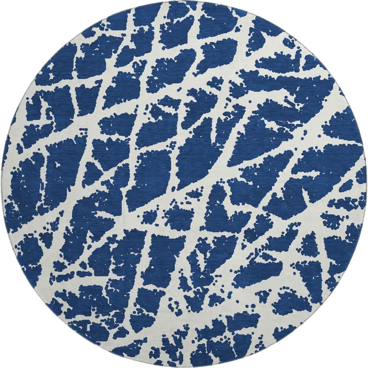 8' Navy Blue And Ivory Abstract Washable Round Rug With UV Protection