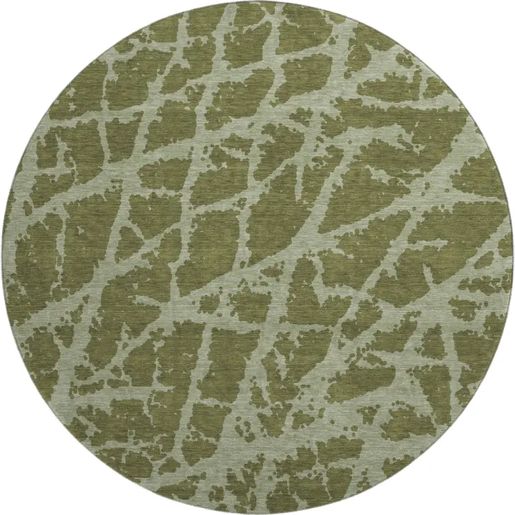 8' Olive Green And Gray Abstract Washable Round Rug With UV Protection