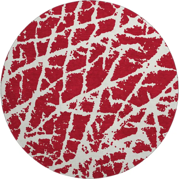 8' Red And Ivory Abstract Washable Round Rug With UV Protection