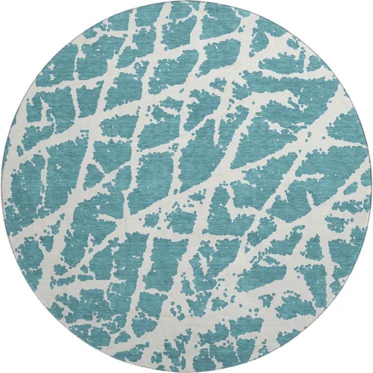 8' Teal And Ivory Abstract Washable Round Rug With UV Protection