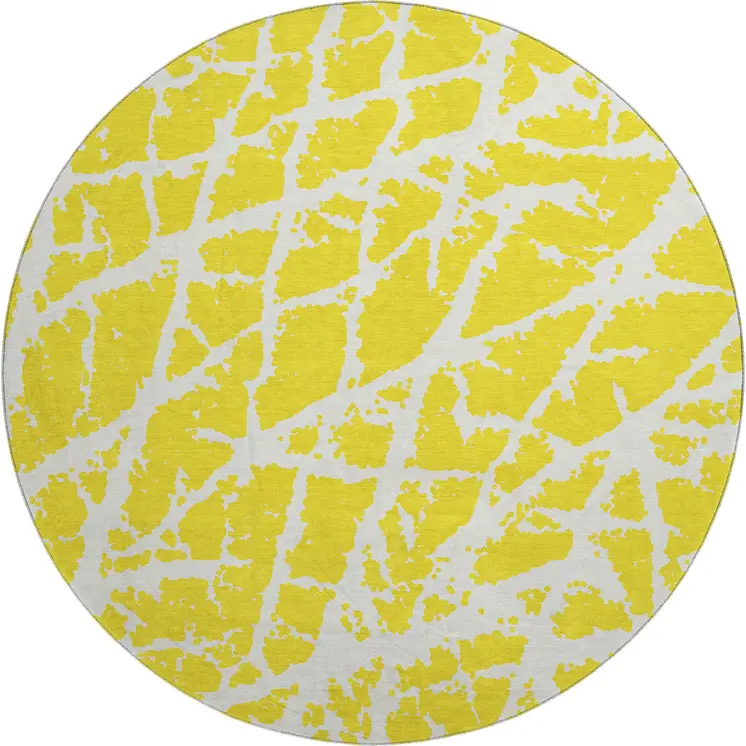 8' Yellow And Ivory Abstract Washable Round Rug With UV Protection