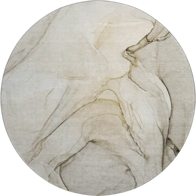 8' Beige And Ivory Abstract Washable Round Rug With UV Protection