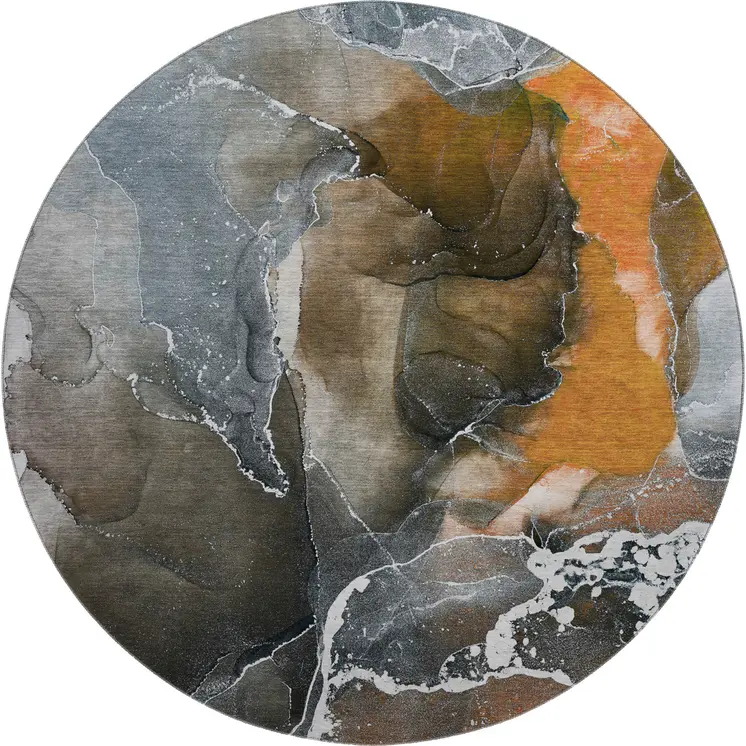 8' Orange And Charcoal Abstract Washable Round Rug With UV Protection