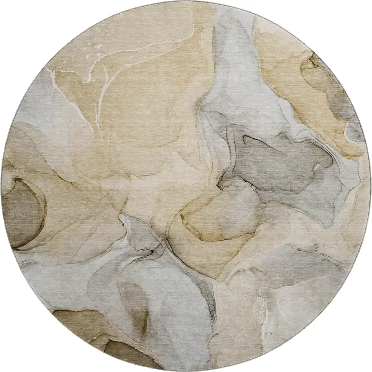 8' Brown Gray And Ivory Abstract Washable Round Rug With UV Protection