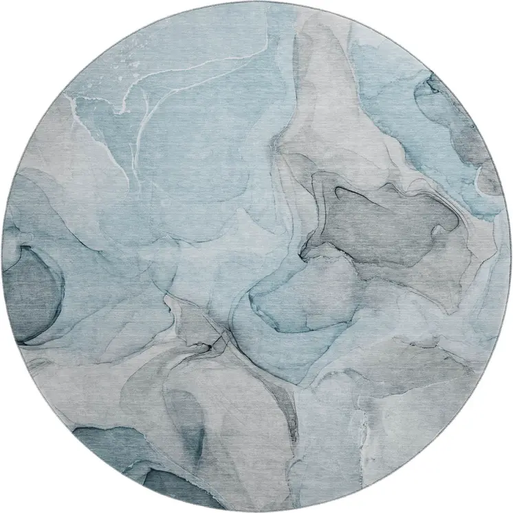 8' Teal And Gray Abstract Washable Round Rug With UV Protection
