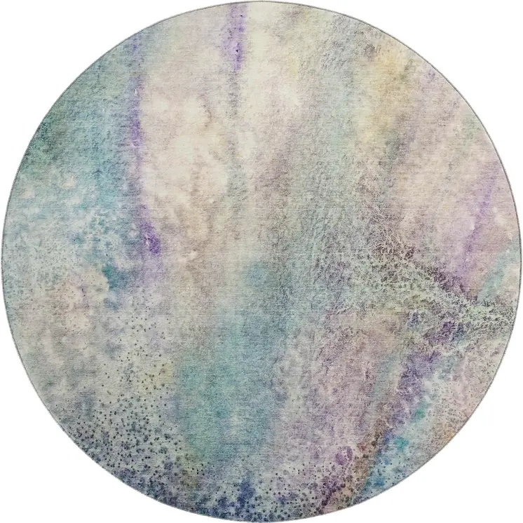 8' Blue Purple And Ivory Abstract Washable Round Rug With UV Protection