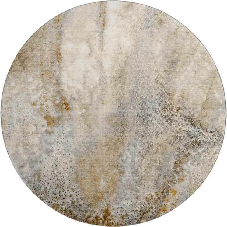 8' Brown And Ivory Abstract Washable Round Rug With UV Protection
