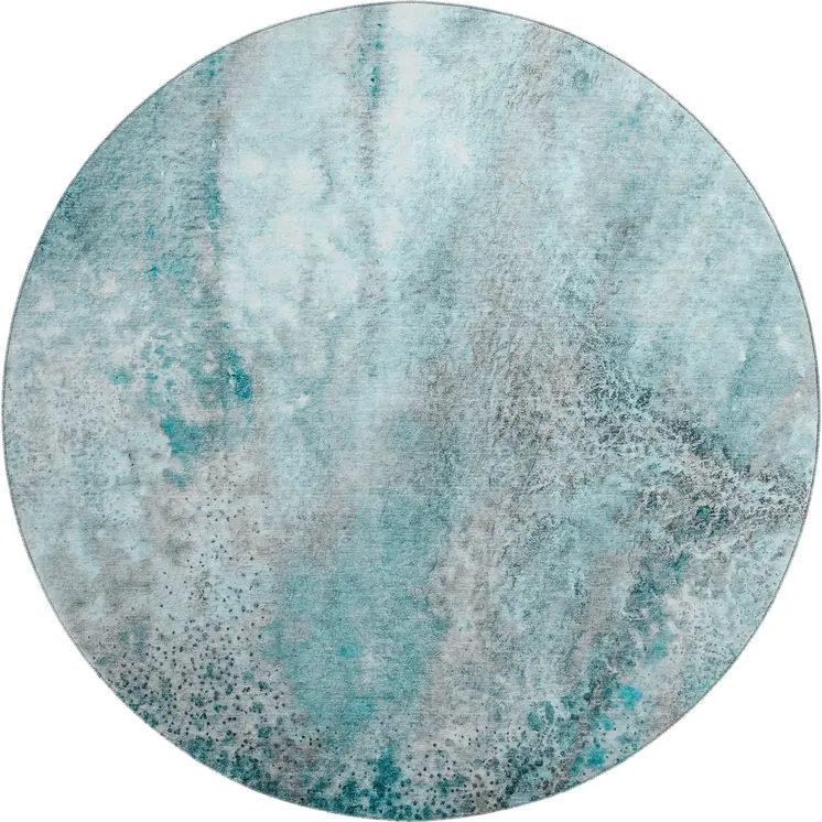 8' Teal And Ivory Abstract Washable Round Rug With UV Protection