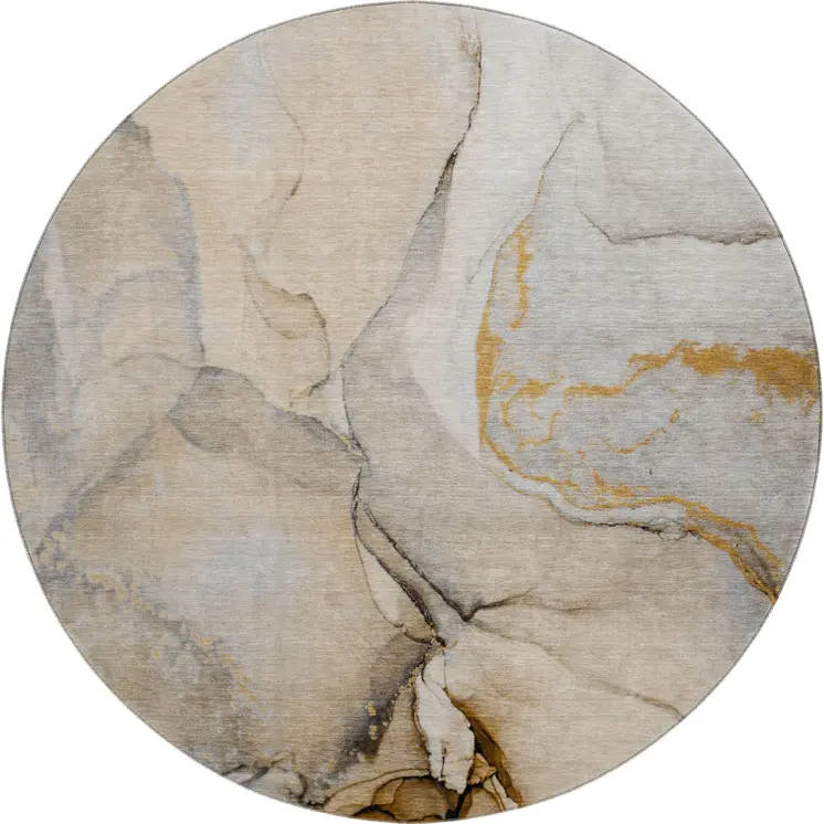 8' Beige Brown And Ivory Abstract Washable Round Rug With UV Protection