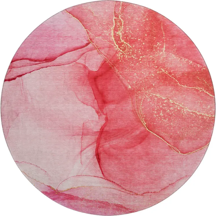 8' Pink And Ivory Abstract Washable Round Rug With UV Protection