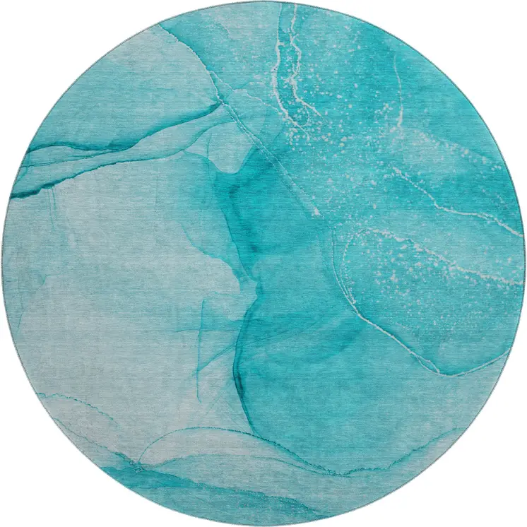 8' Teal And Ivory Abstract Washable Round Rug With UV Protection