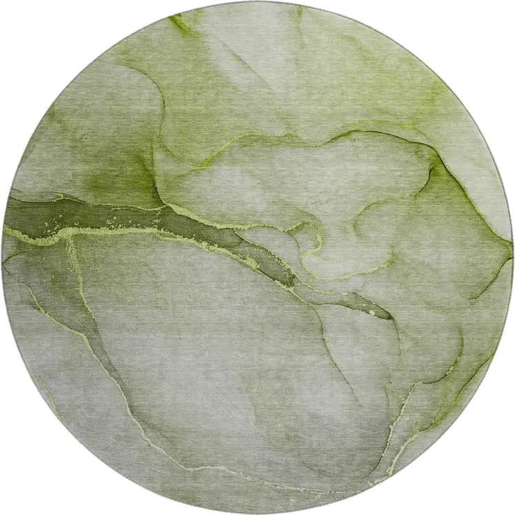 8' Olive Green And Ivory Abstract Washable Round Rug With UV Protection