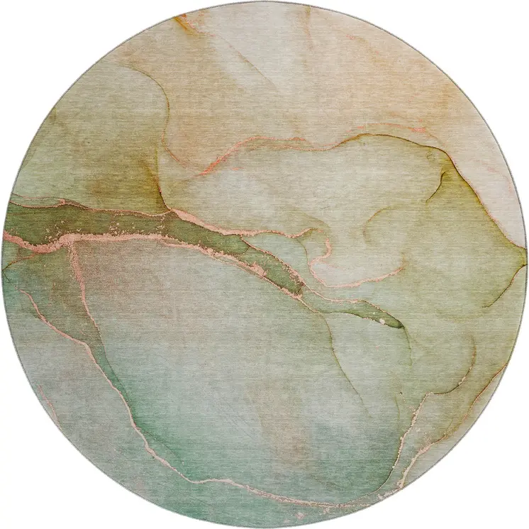 8' Teal And Ivory Abstract Washable Round Rug With UV Protection
