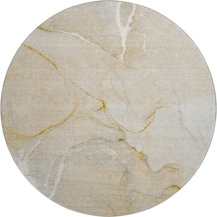 8' Beige And Ivory Abstract Washable Round Rug With UV Protection