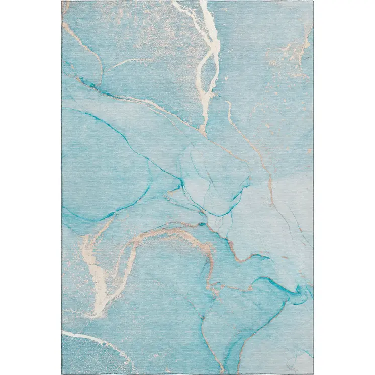 5' X 8' Teal And Ivory Abstract Washable Area Rug With UV Protection
