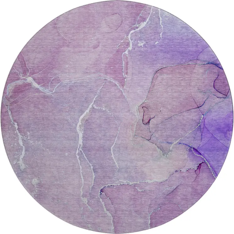 8' Purple And Ivory Abstract Washable Round Rug With UV Protection