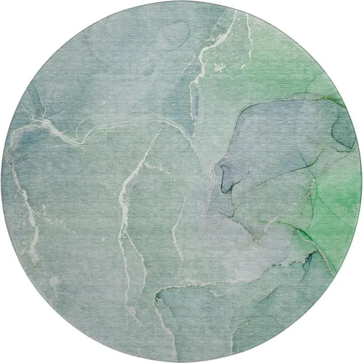 8' Teal And Ivory Abstract Washable Round Rug With UV Protection