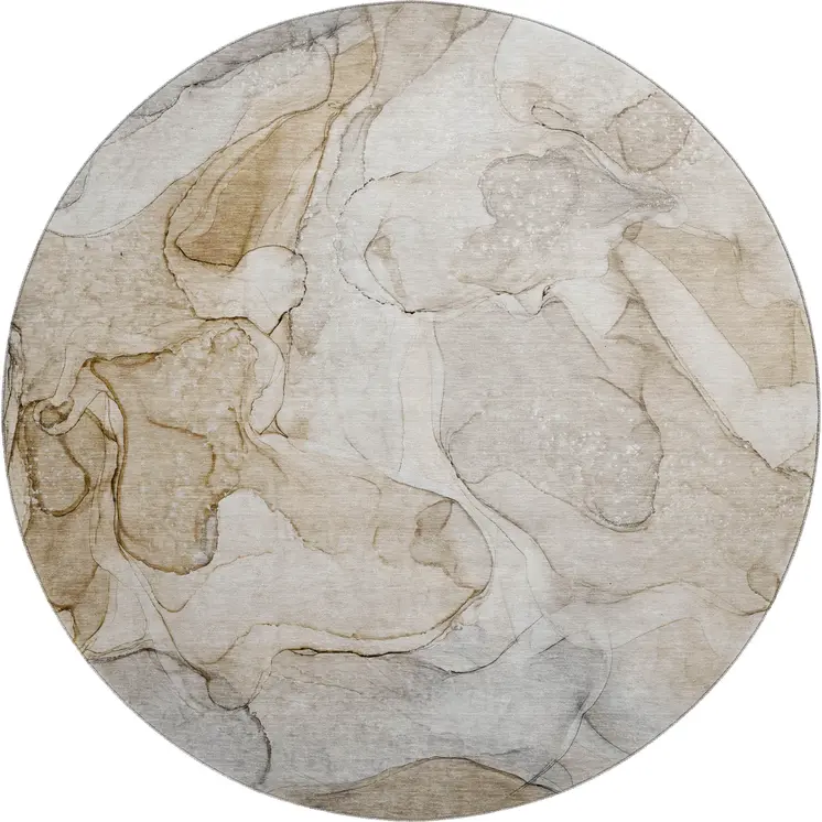 8' Beige And Ivory Abstract Washable Round Rug With UV Protection