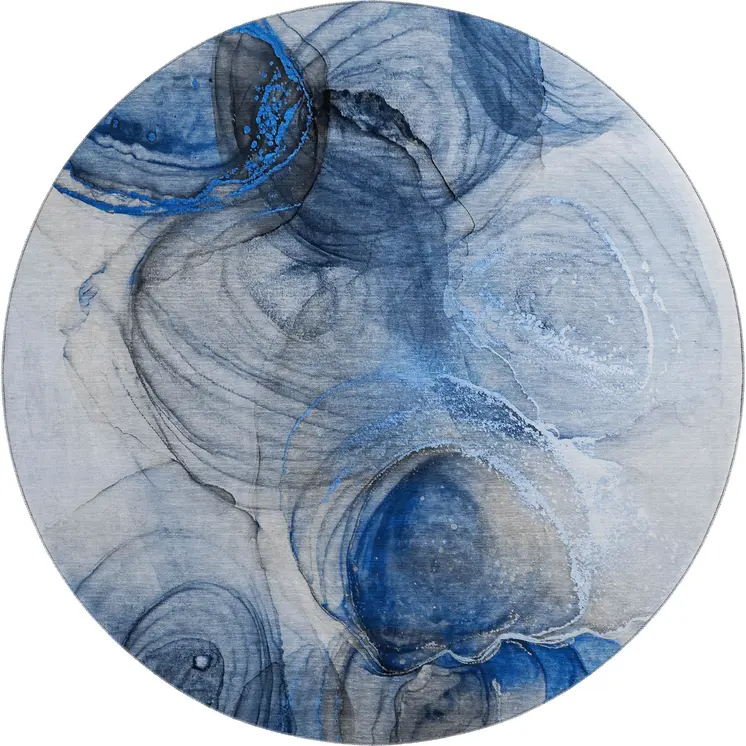 8' Navy Blue And Ivory Abstract Washable Round Rug With UV Protection