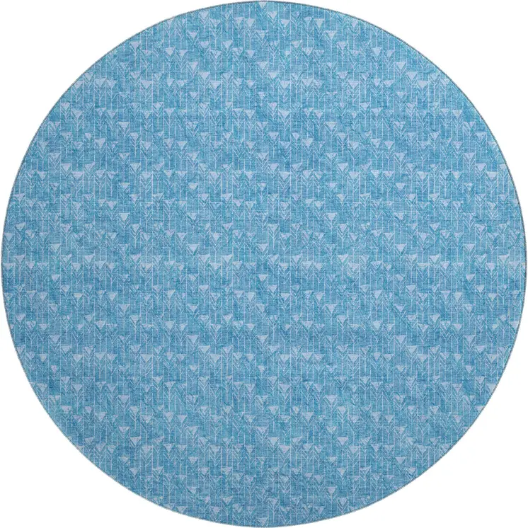 8' Blue And Ivory Geometric Washable Round Rug With UV Protection