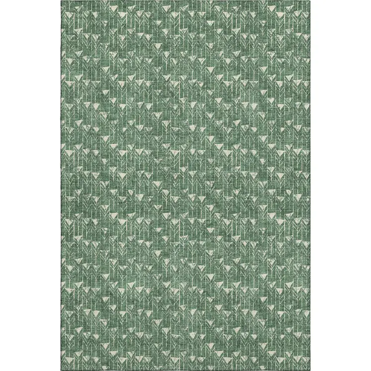 9' X 12' Green And Ivory Geometric Washable Area Rug With UV Protection