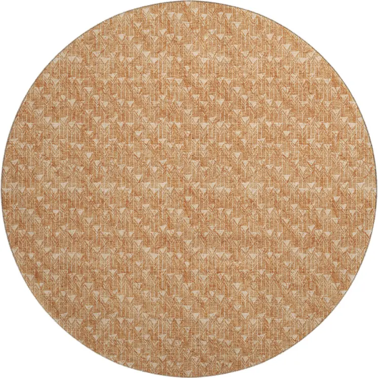 8' Salmon And Ivory Geometric Washable Round Rug With UV Protection