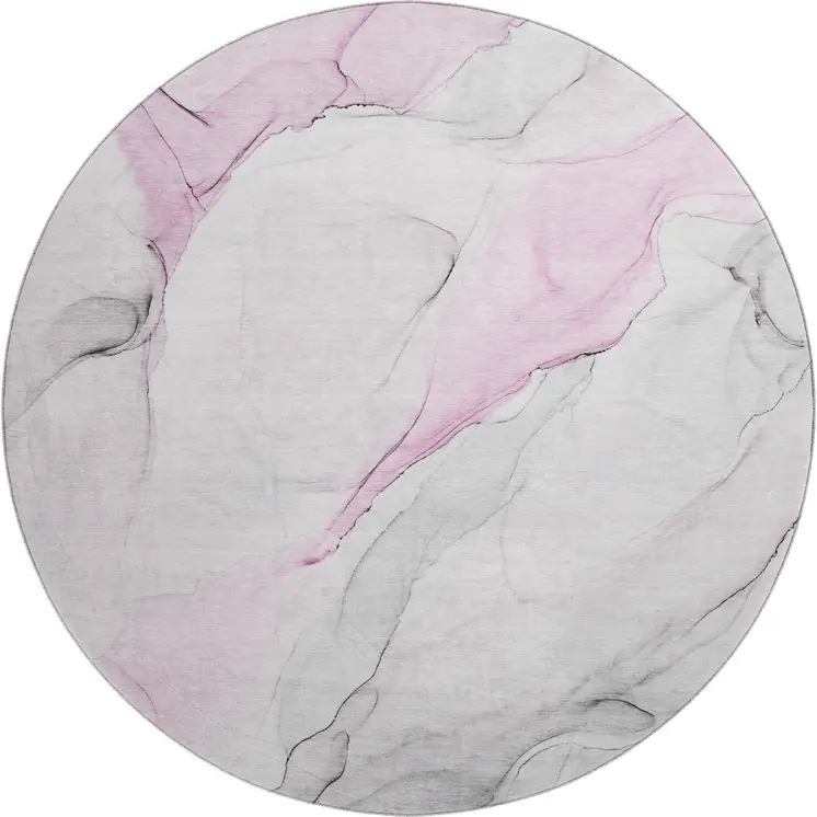 8' Pink And Ivory Abstract Washable Round Rug With UV Protection
