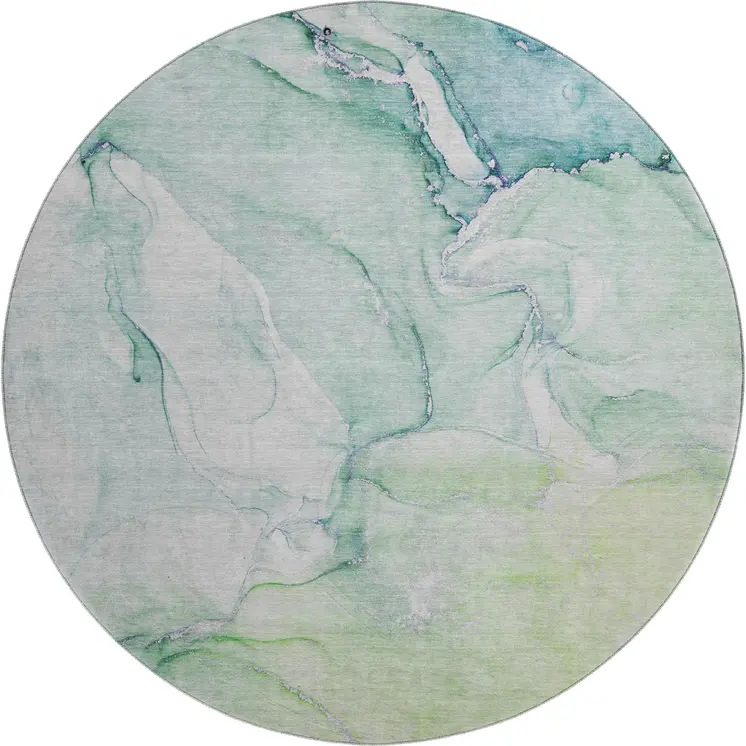 8' Green Blue And Ivory Abstract Washable Round Rug With UV Protection