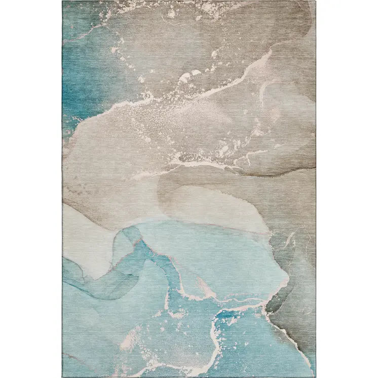 8' X 10' Teal Beige And Ivory Abstract Washable Area Rug With UV Protection
