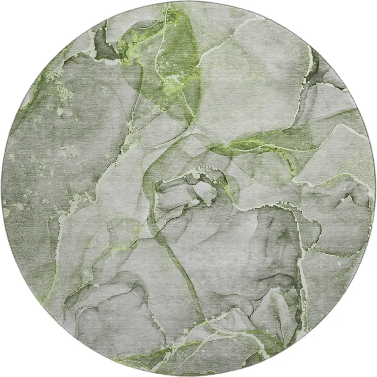 8' Green And Ivory Abstract Washable Round Rug With UV Protection