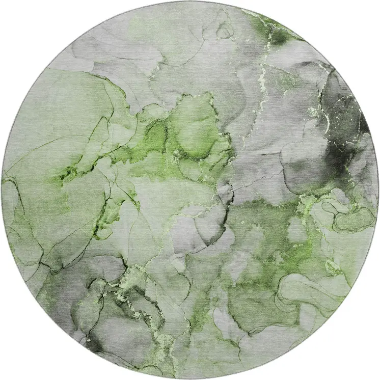 8' Green Gray And Ivory Abstract Washable Round Rug With UV Protection