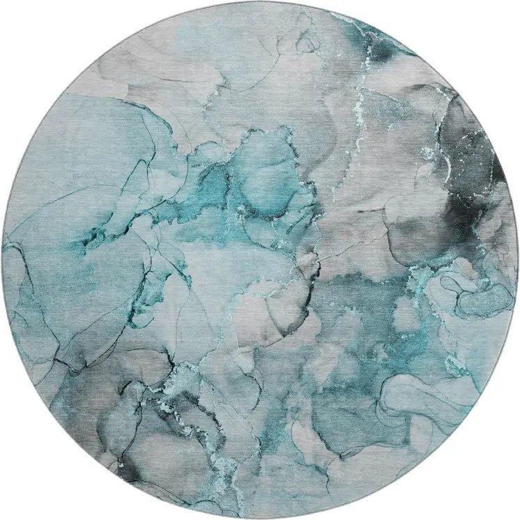 8' Teal Gray And Ivory Abstract Washable Round Rug With UV Protection