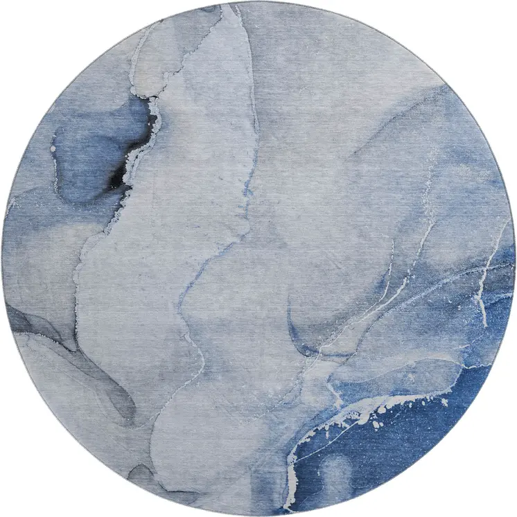 8' Blue And Ivory Abstract Washable Round Rug With UV Protection