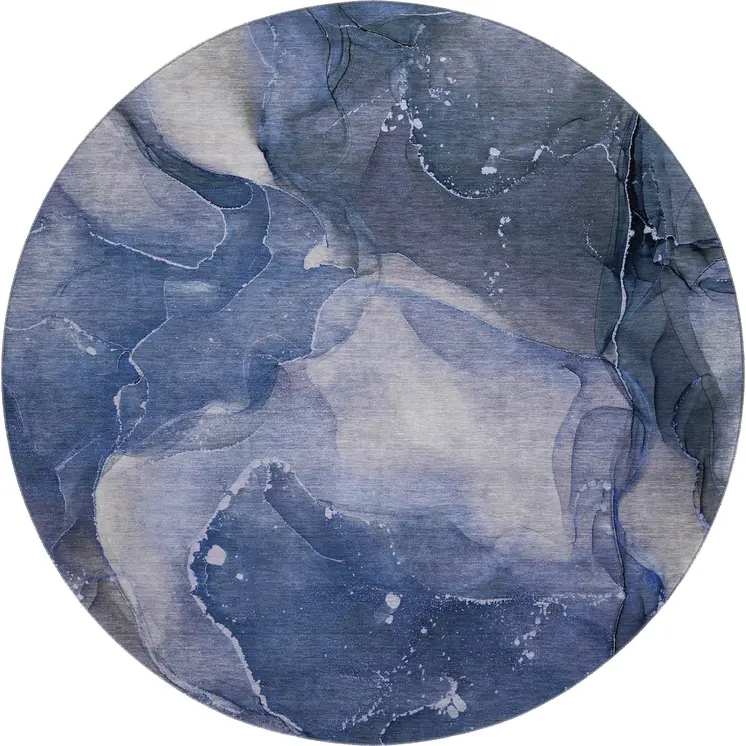 8' Blue Ivory And Charcoal Abstract Washable Round Rug With UV Protection