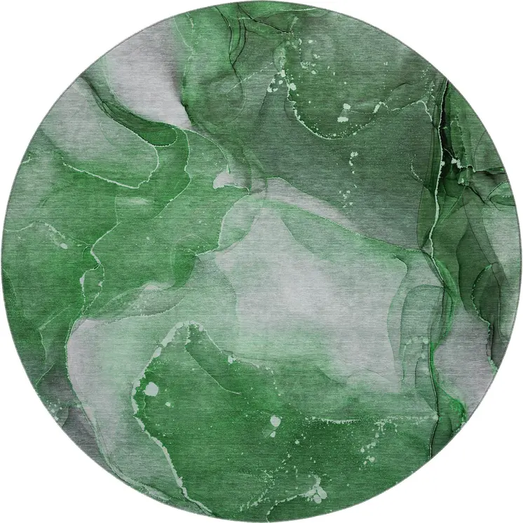 8' Emerald Ivory And Gray Abstract Washable Round Rug With UV Protection