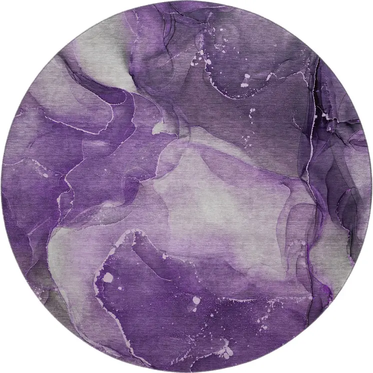 8' Purple Ivory And Gray Abstract Washable Round Rug With UV Protection