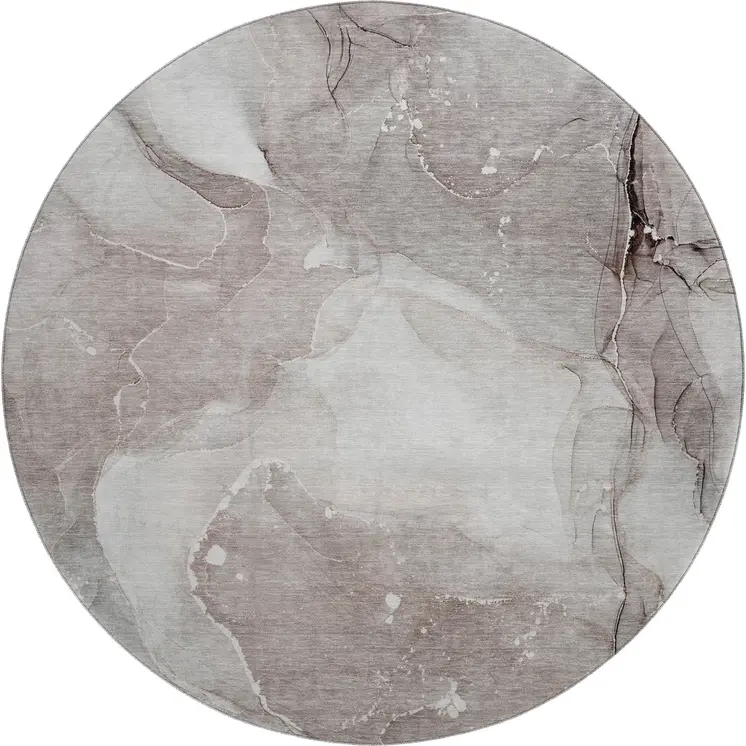 8' Taupe Ivory And Gray Abstract Washable Round Rug With UV Protection
