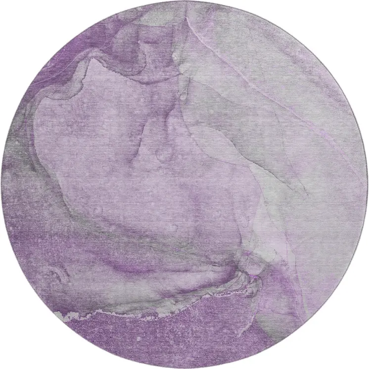 8' Lilac And Ivory Abstract Washable Round Rug With UV Protection