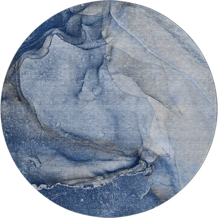 8' Navy Blue And Ivory Abstract Washable Round Rug With UV Protection