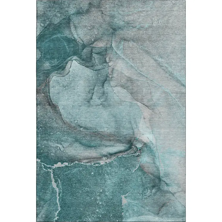 3' X 5' Teal Gray And Ivory Abstract Washable Area Rug With UV Protection