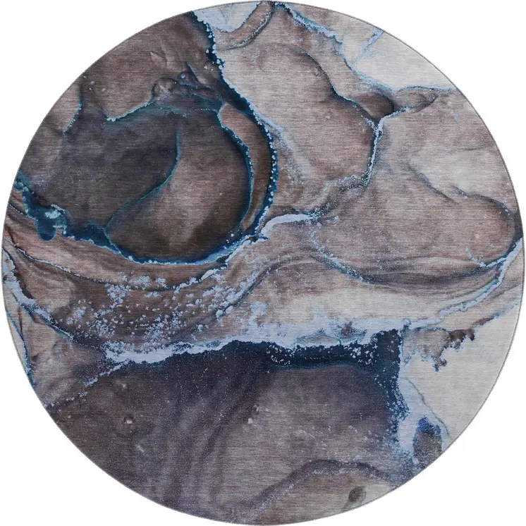 8' Navy Blue And Gray Abstract Washable Round Rug With UV Protection