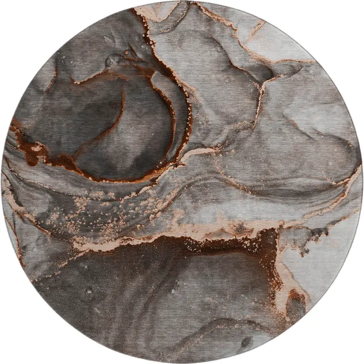 8' Peach And Gray Abstract Washable Round Rug With UV Protection