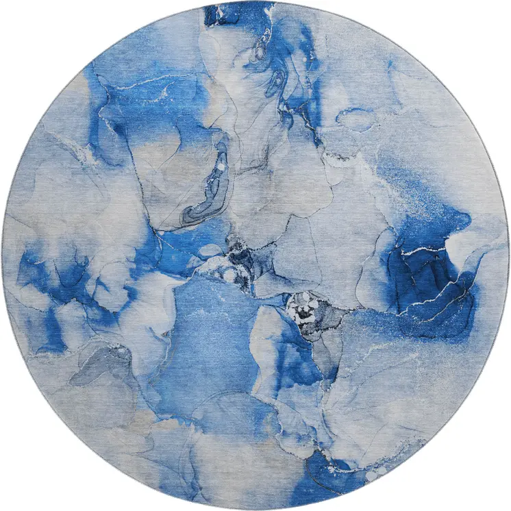 8' Navy Blue And Ivory Abstract Washable Round Rug With UV Protection