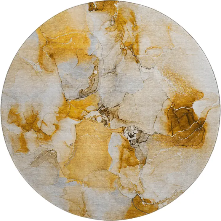 8' Orange And Ivory Abstract Washable Round Rug With UV Protection