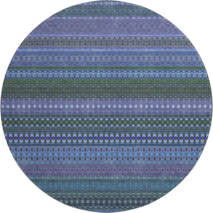 8' Blue And Ivory Striped Washable Round Rug With UV Protection