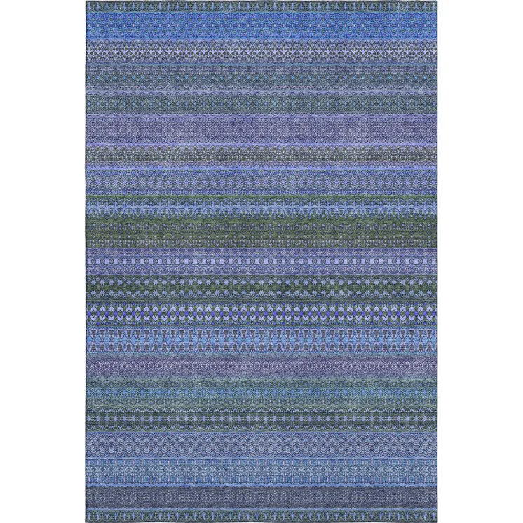 8' X 10' Blue And Ivory Striped Washable Area Rug With UV Protection
