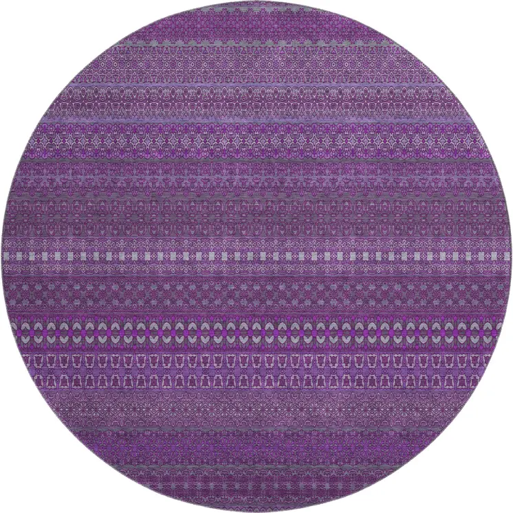 8' Eggplant And Ivory Striped Washable Round Rug With UV Protection