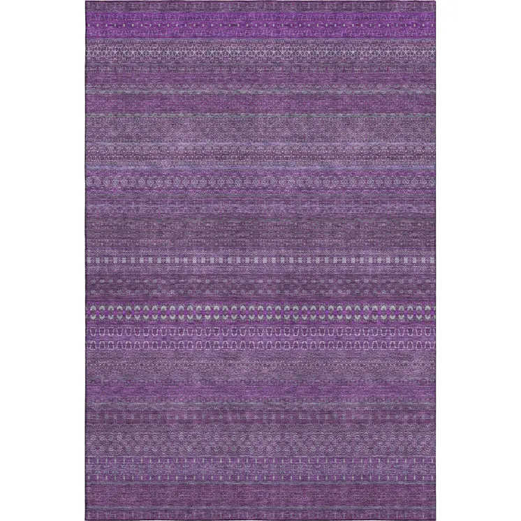 10' X 14' Eggplant And Ivory Striped Washable Area Rug With UV Protection