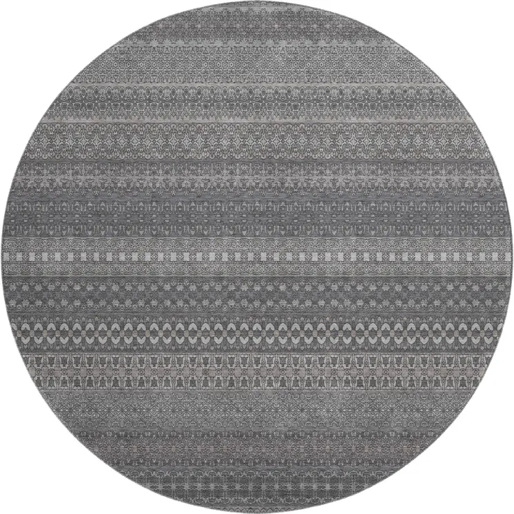 8' Gray And Ivory Striped Washable Round Rug With UV Protection